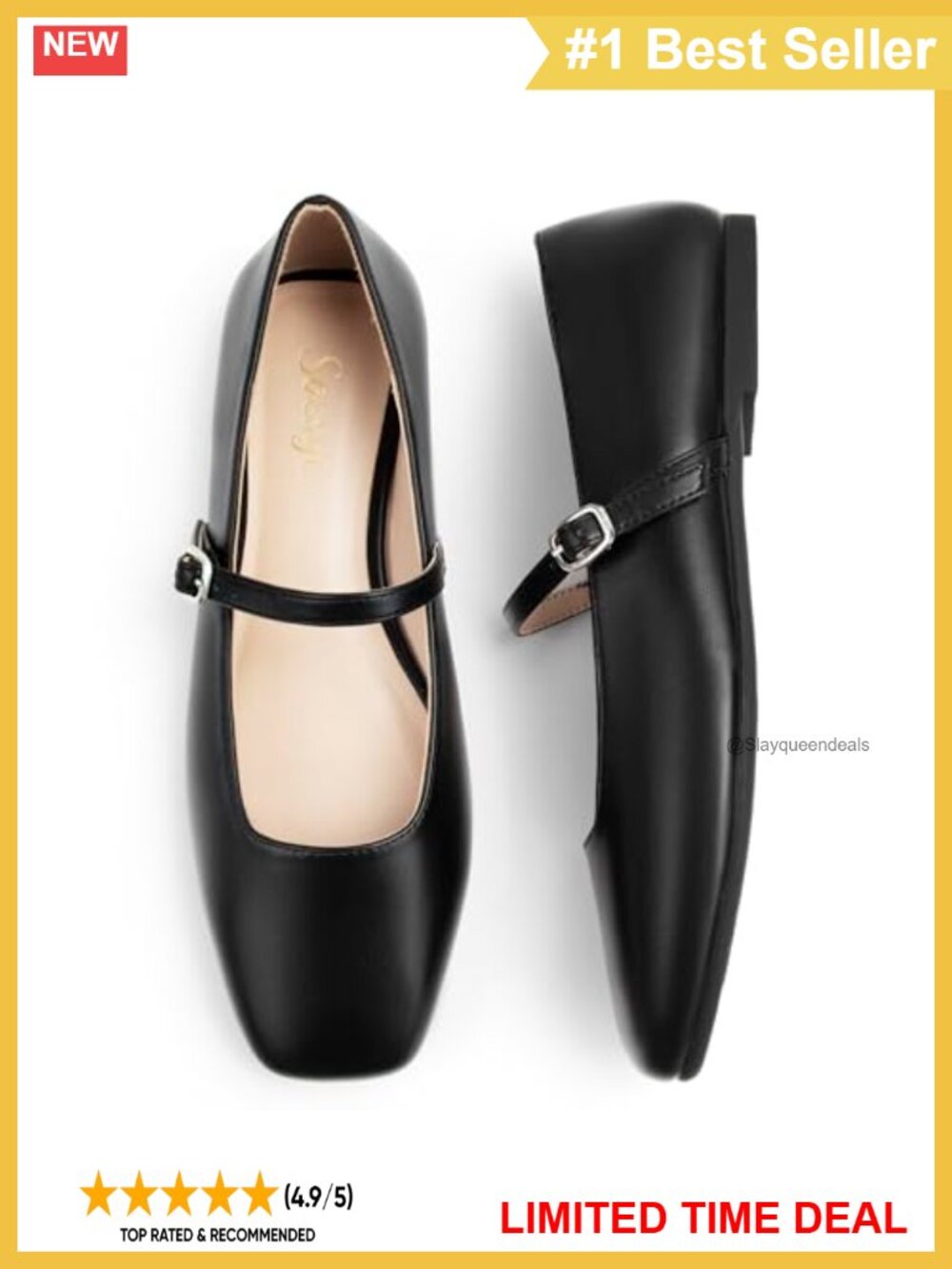 Faux Leather Mary Jane Flats Square Toe Ankle Strap Comfort Dress Shoes
